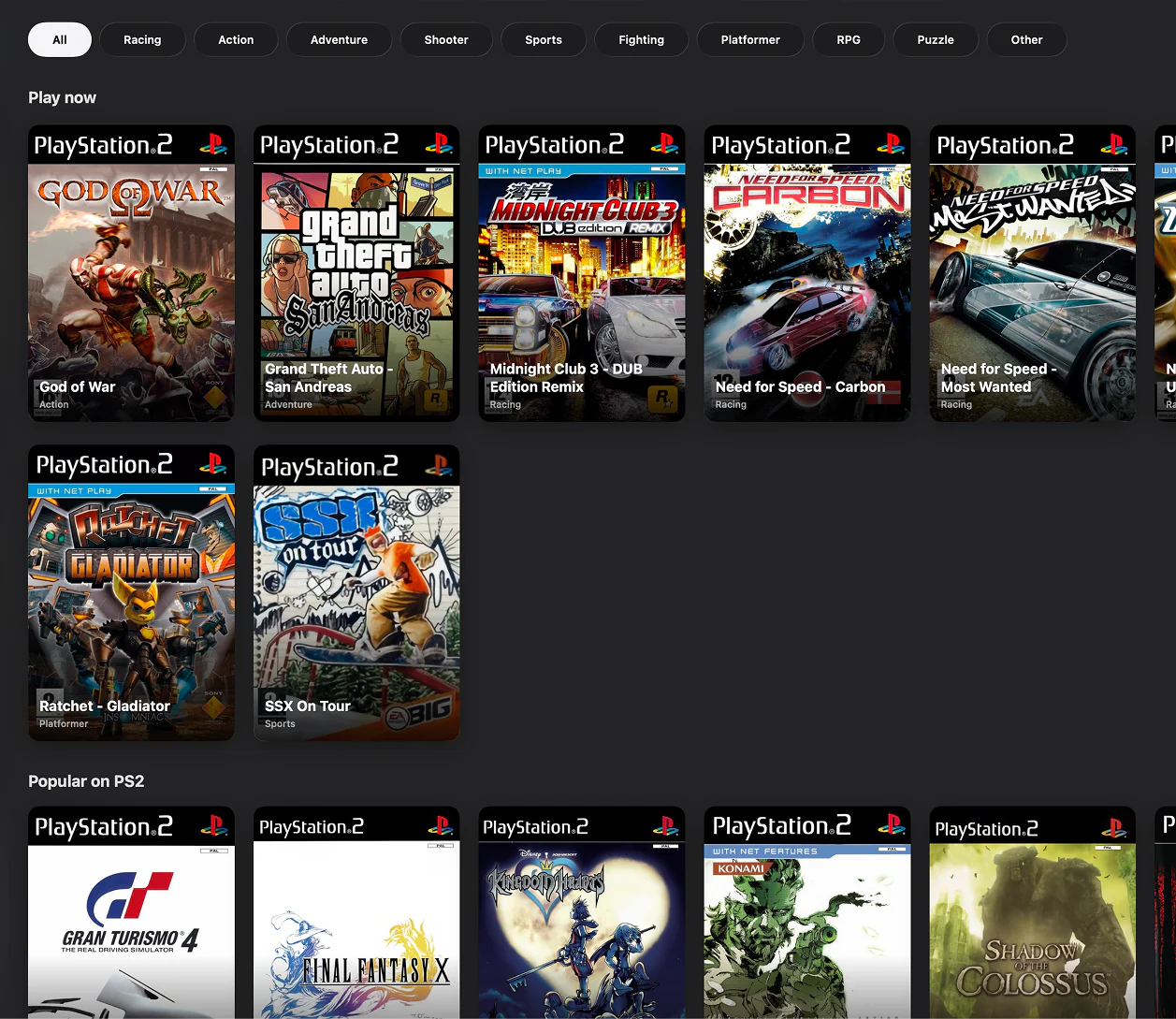 The PS2Mac library: Play now covers and Popular on PS2