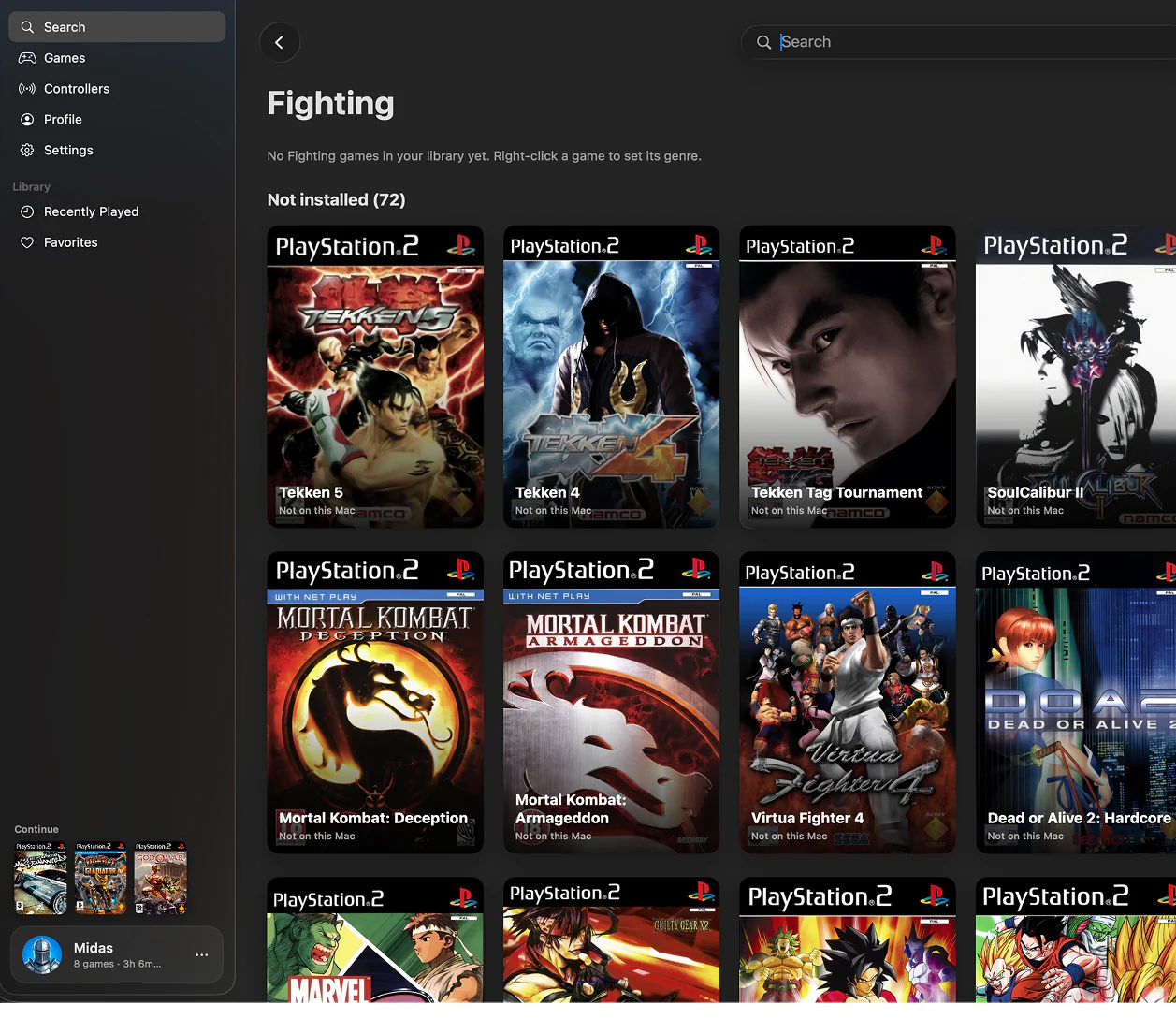A Fighting category in PS2Mac with titles that are not installed yet