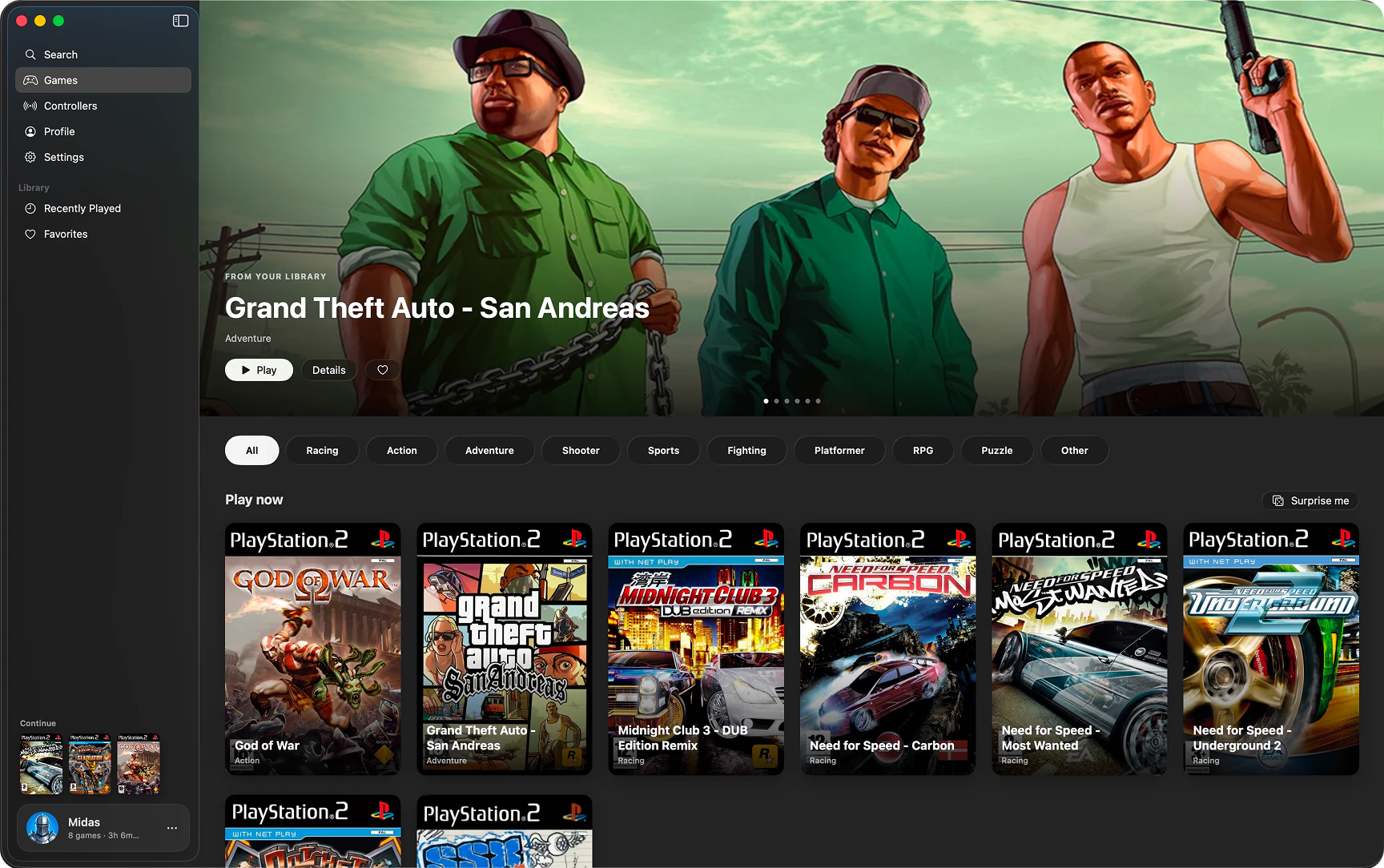 PS2Mac home: a Grand Theft Auto: San Andreas banner above genre chips and a row of game covers
